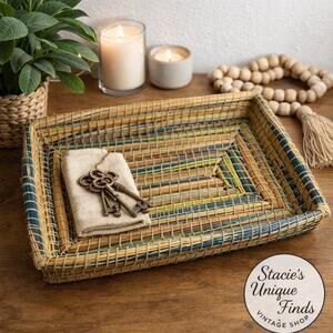 Vintage Woven Wicker Rattan Rectangular Tray Boho Farmhouse Decor